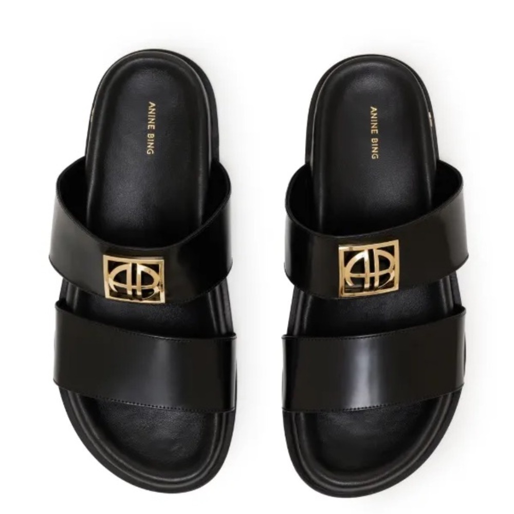Anine Bing Parker monogramed leather shiny slides - Picture 8 of 11